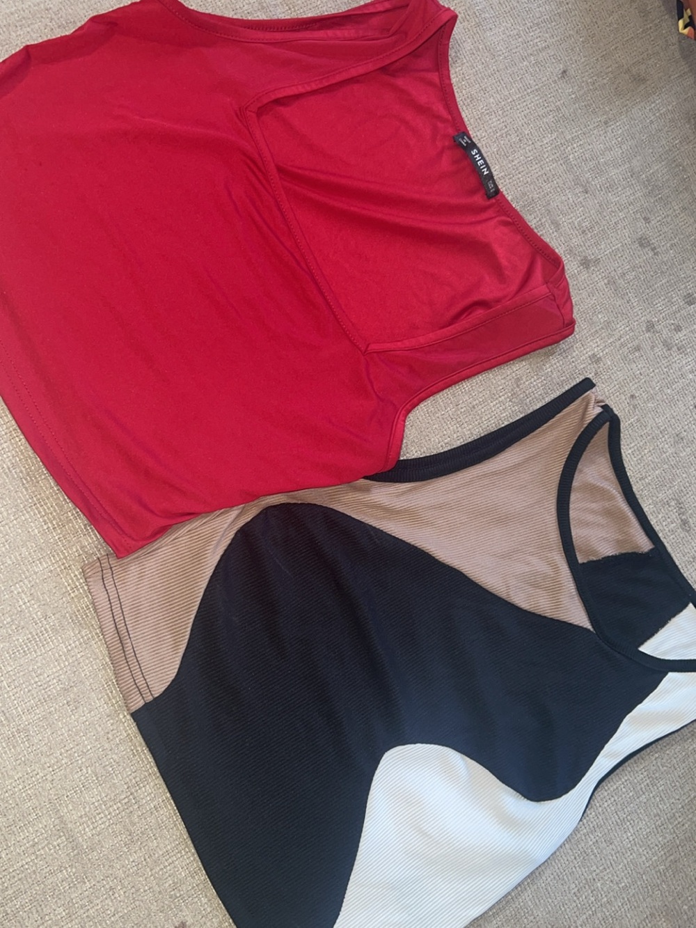 SHEIN Red and Black/Tan Colorblock Tank Tops (Two-Pack)